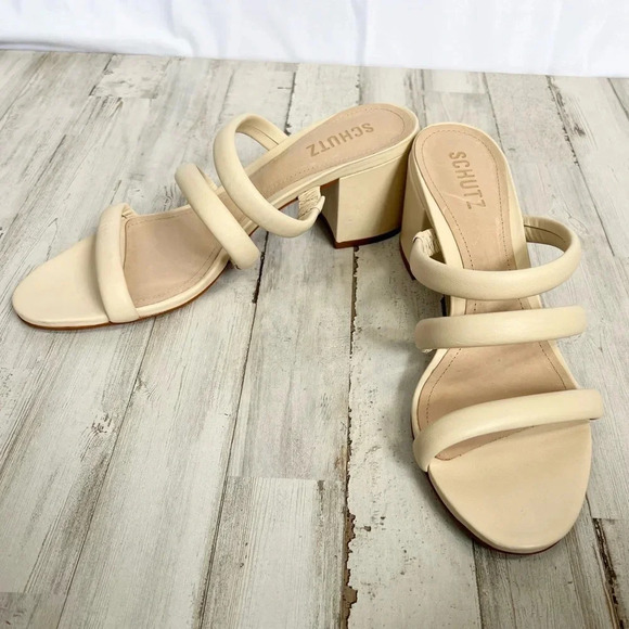 SCHUTZ Olly Mid Block Heel Sandal Nappa Leather 3 Strap In Eggshell Size 10 - Picture 3 of 11
